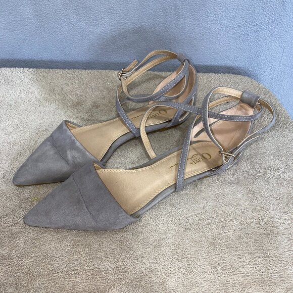 Olivia Miller Shoes - Olivia Miller Gray Faux Suede Pointed Toe Ankle Strap Flats Size 7.5 – D’Orsay